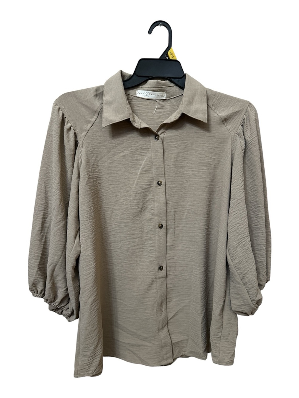 NEW Fair Haven Taupe Button-Down Puff Sleeve Shirt Blouse Size XL